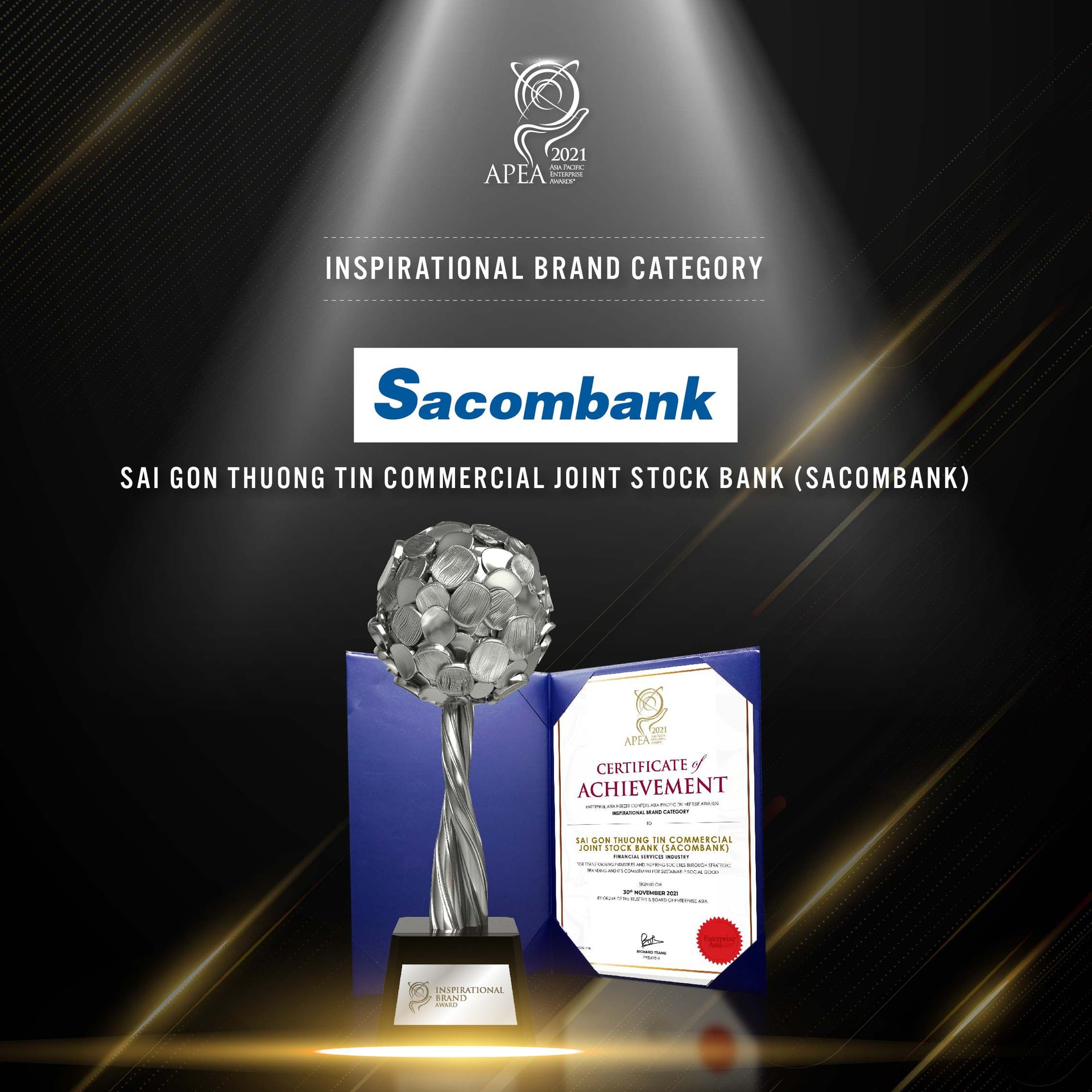 Sacombank vừa vinh dự nhận thêm hai giải thưởng “Doanh nghiệp Xuất sắc Châu Á năm 2021” (Corporate Excellence 2021) và “Thương hiệu Truyền Cảm hứng năm 2021”