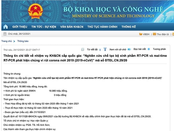 Thông tin chi tiết được đăng tải trên website bộ KHCN.