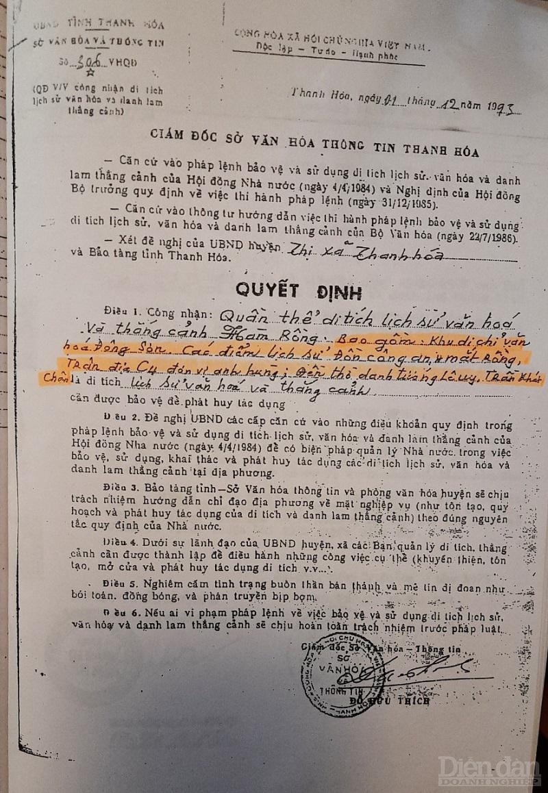 Quyết định số 306/VHQĐ không có một số điểm được cấp di tích danh thắng như văn bản kết luận của Phó Chủ tịch UBND TP. Thanh Hóa - Phạm Thị Việt Nga 
