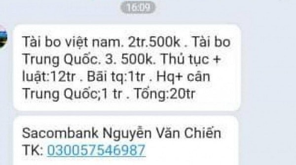 Bảng kê khai tiền luật và nội dung chuyển khoản cho 