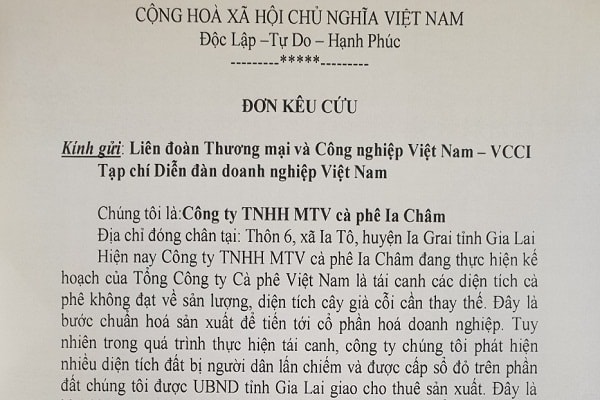 Đơn cầu cứu Liên đoàn Thương mại và Công nghiệp Việt Nam và Tạp chí Diễn đàn Doanh nghiệp Việt Nam của Công ty TNHH MTV cà phê Ia Châm