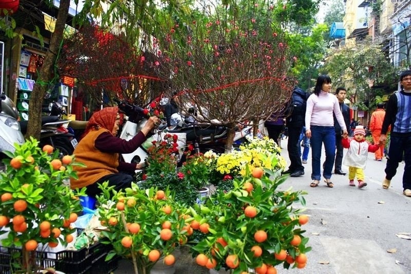 Vì là phiên chợ Tết nên không thể thiếu được những hàng bán hoa đào, quất cảnh...để phục vụ người dân trang hoàng nhà cửa đón Tết - Ảnh minh họa.