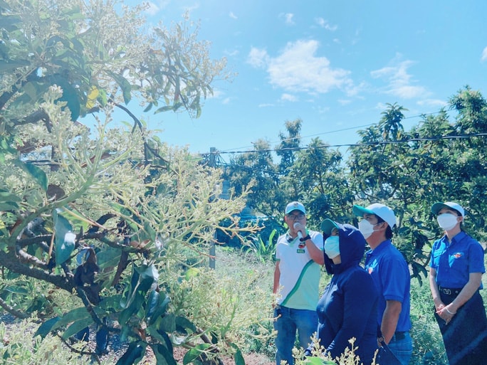 Hoàng (bìa trái) giới thiệu Trang trại Thiên Nông với đoàn khách từ Tỉnh Đoàn Bình Phước - Ảnh: NVCC
