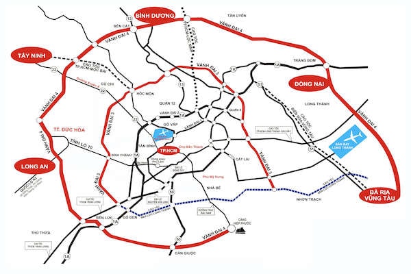 Dự án đường Vành đai 3 dài gần 92 km, chạy qua TP HCM, Bình Dương, Đồng Nai, Long An, chia làm 4 đoạn lớn gồm: Tân Vạn - Bình Chuẩn, Tân Vạn - Nhơn Trạch, Bình Chuẩn - quốc lộ 22, quốc lộ 22 - Bến Lức