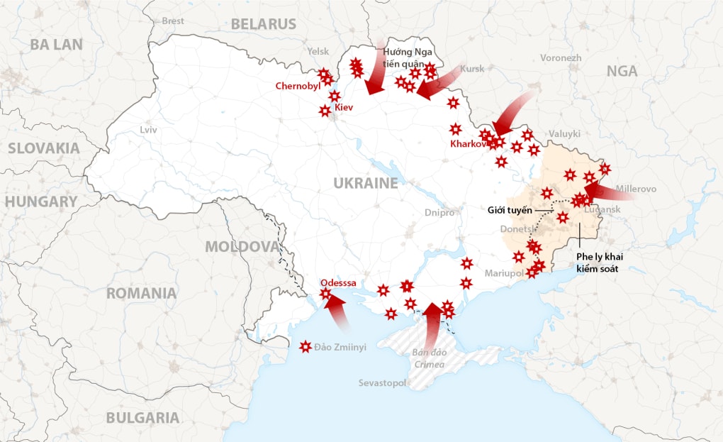 Các mũi tiến quân của Nga vào Ukraine. Đồ họa: NY Times.