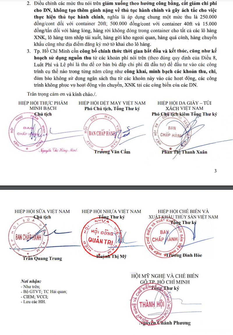 7 hiệp hội đồng ký kiến nghị TP.HCM lùi thời gian thu phí hạ tầng cảng biển.