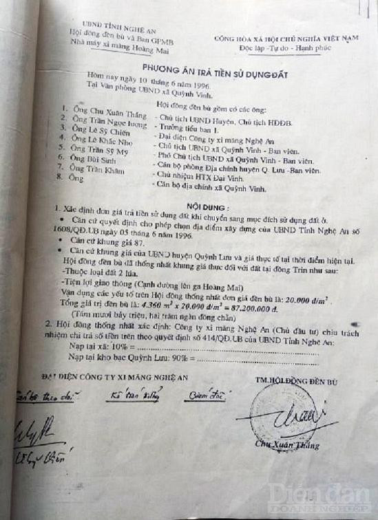Văn bản phương án trả tiền sử dụng đất Đồng Trin ngày 10/6/1996 với sự thống nhất của các bên liên quan
