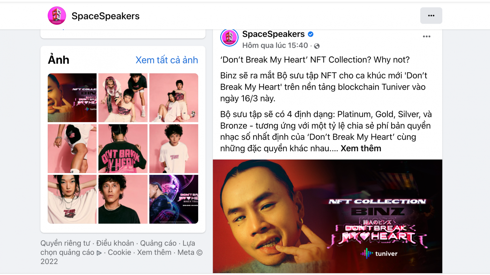 Tài khoản Facebook chính thức của nhóm nhạc SpaceSpeakers, nơi nam rapper đang làm việc có đăng thông báo về việc ra mắt bộ sưu tập NFT (ảnh: FB nhân vật)