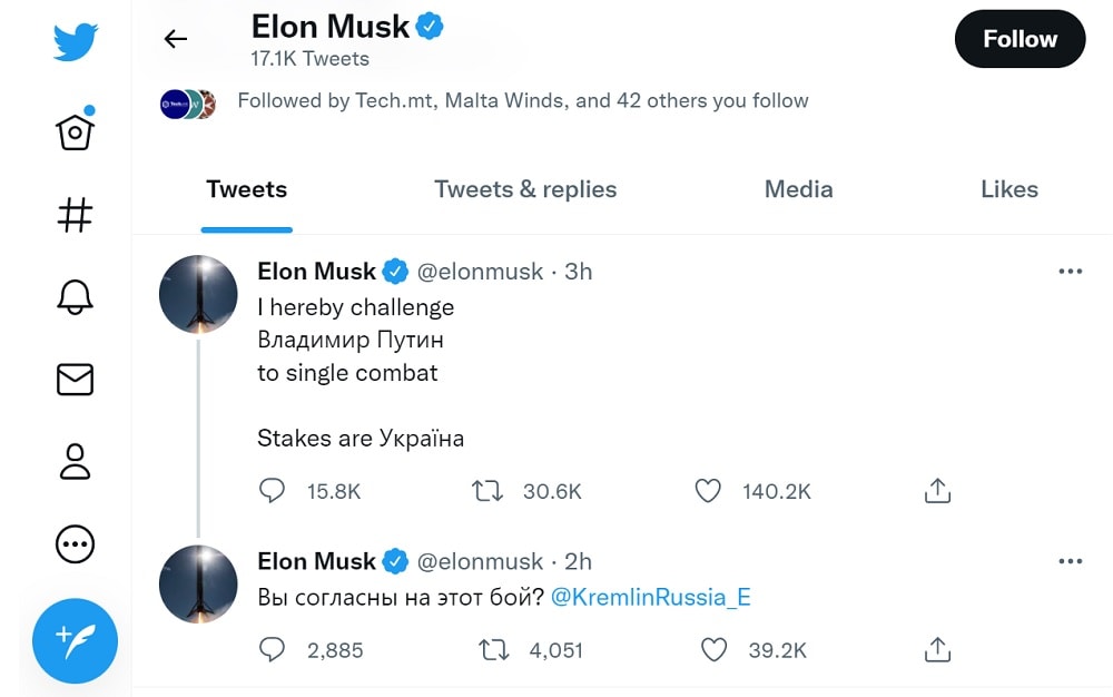 Elon Muskđã công khai thách đấu tay đôi với Tổng thống Nga Vladimir Putin trên Twitter.