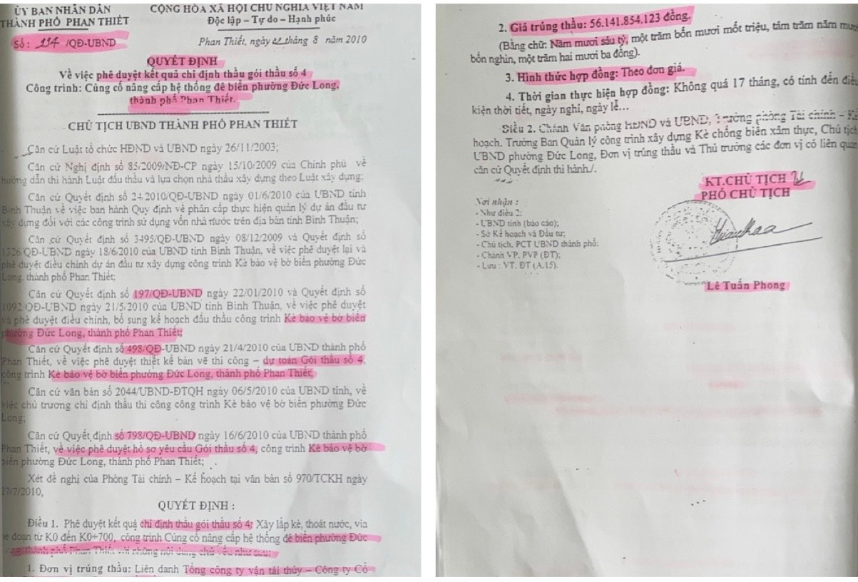 ngày 02/8/2010, Phó Chủ tịch UBND TP Phan Thiết Lê Tuấn Phong tiếp tục ký Quyết định số 994/QĐ-UBND về việc phê duyệt “kết quả chỉ định thầu gói số 4”; Công trình: Củng cố nâng cấp hệ thống đê biển phường Đức Long, TP Phan Thiết. 