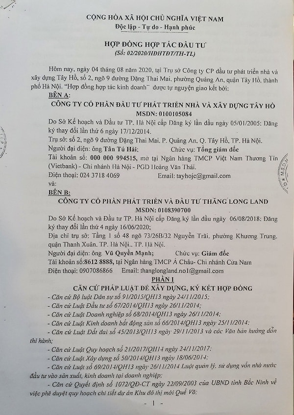 Hợp đồng chuyển nhượng được Công ty Tây Hồ ký với Công ty Thăng Long “núp” danh nghĩa hợp đồng hợp tác đầu tư