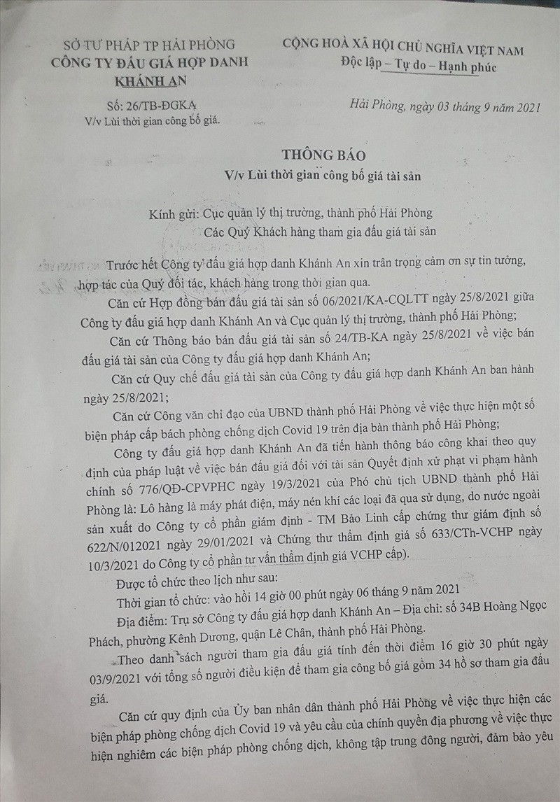 Thông báo lùi thời gian công bố giá tài sản