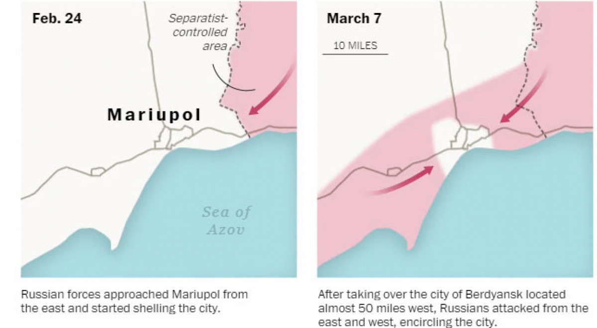 Chiến dịch quân sự của Nga tại Mariupol. Ảnh chụp màn hình: Washington Post.