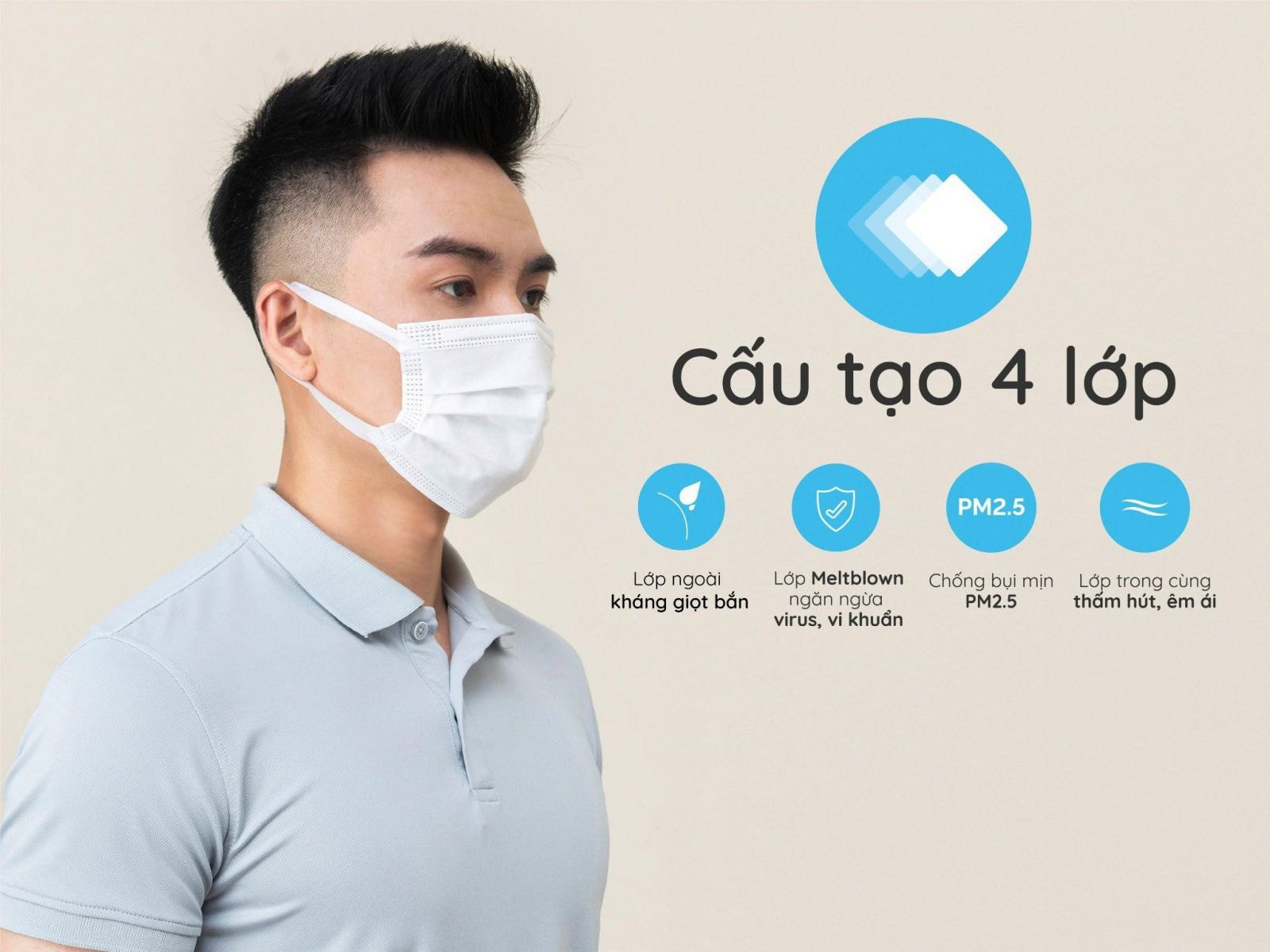 VG Soft Mask có cấu tạo 4 lớp, đặc biệt có lớp trong cùng mềm mại, thấm hút mồ hôi giúp bảo vệ làn da khỏi tình trạng nổi mụn 