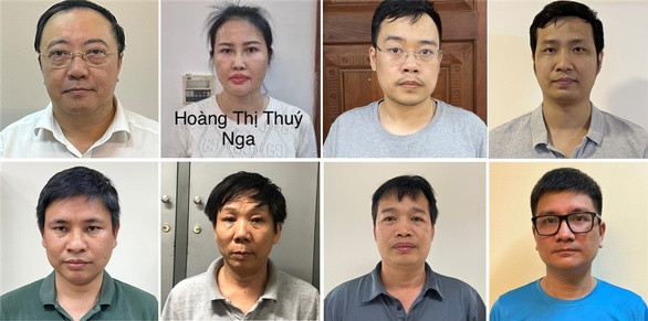 Các bị can (từ trái sang, từ trên xuống): Phan Huy Anh Vũ, Hoàng Thị Thúy Nga, Nguyễn Quang Minh, Nguyễn Tiến Thu, Hoàng Thế Quỳnh, Nguyễn Công Tiến, Ninh Văn Sinh, Vũ Quang Ngọc - Ảnh: BCA