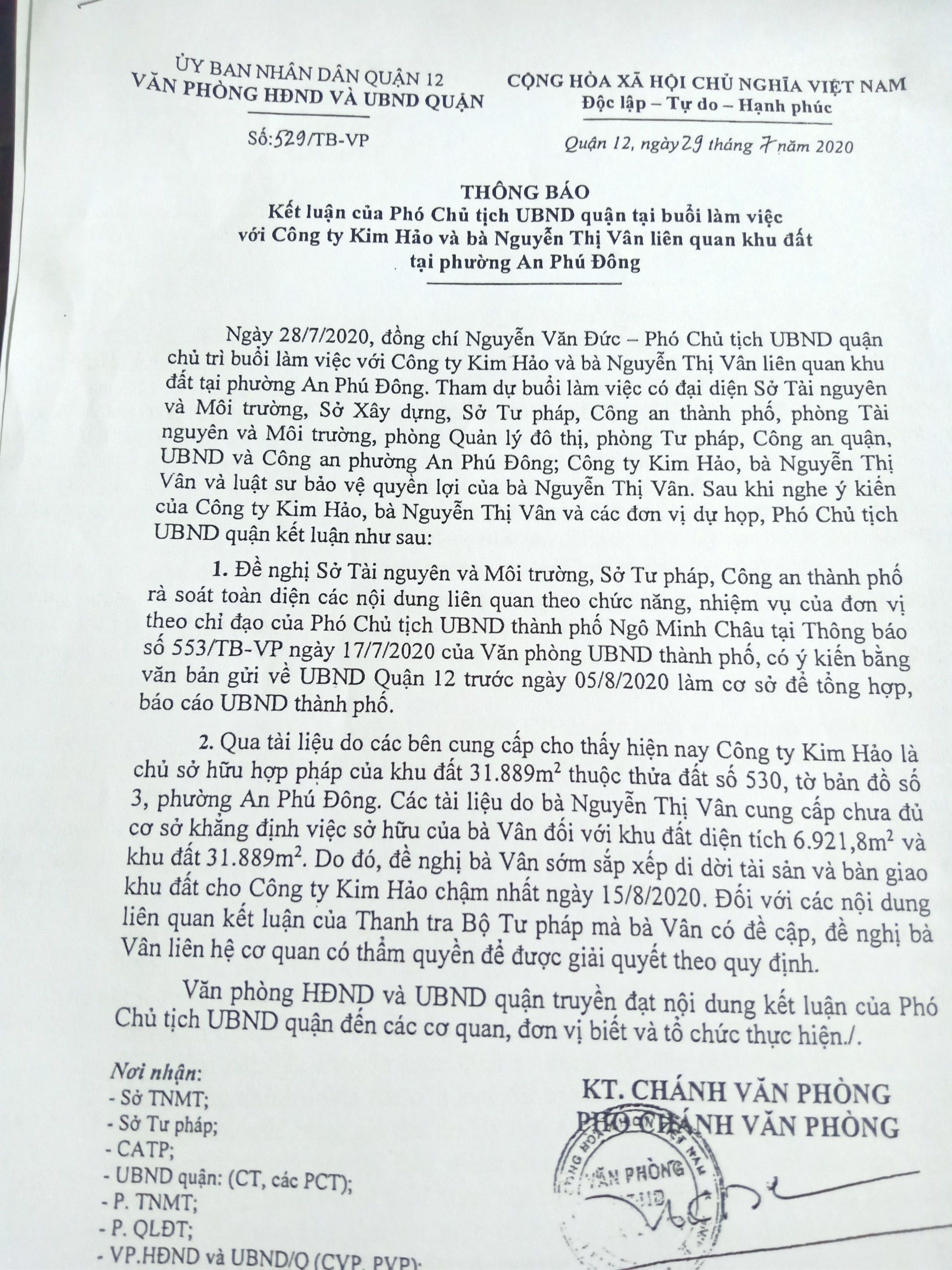 Thông báo kết luận của Phó Chủ tịch UBND Q.12 nêu rõ, Công ty Kim Hảo là chủ sở hữu hợp pháp của Khu đất 31.889 m2 thuộc thửa đất số 530, tờ bản đồ số 3, phường An Phú Đông, Q.12.