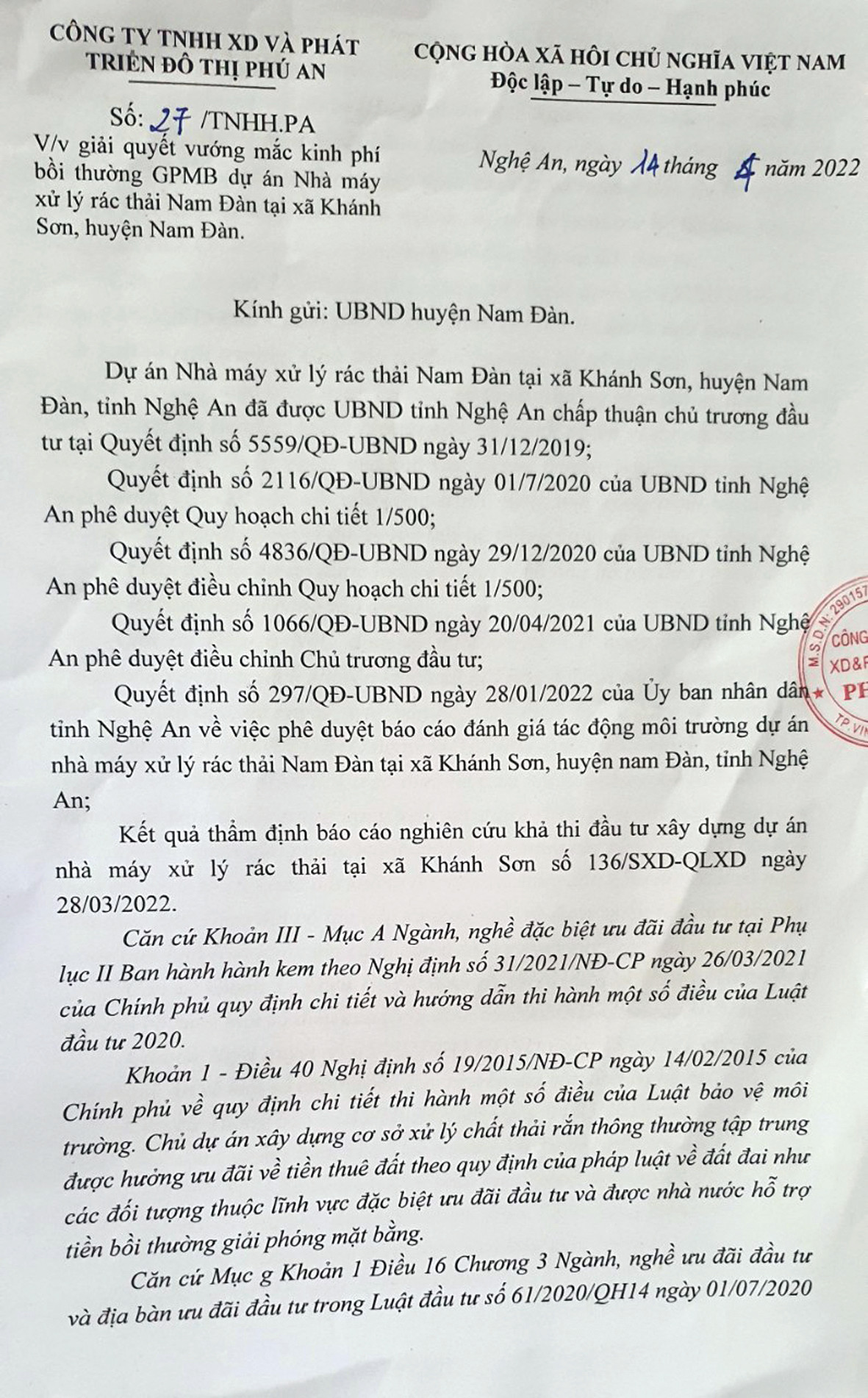  Văn bản đề xuất giải quyết vướng mắc kinh phí bồi thường GPMB dự án Nhà máy xử lý rác thải Nam Đàn của Công ty Phú An