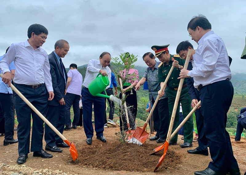 Chủ tịch nước Nguyễn Xuân Phúc tham gia trồng vườn cây mắc ca tại xã Nà Nhạn (TP.Điện Biên Phủ, tỉnh Điện Biên)