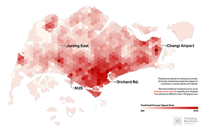 Bảng đồ dự báo giá BĐS ở Singapore (Nguồn: https://thinkingmachin.es/company/, truy cập 14/5/2021)