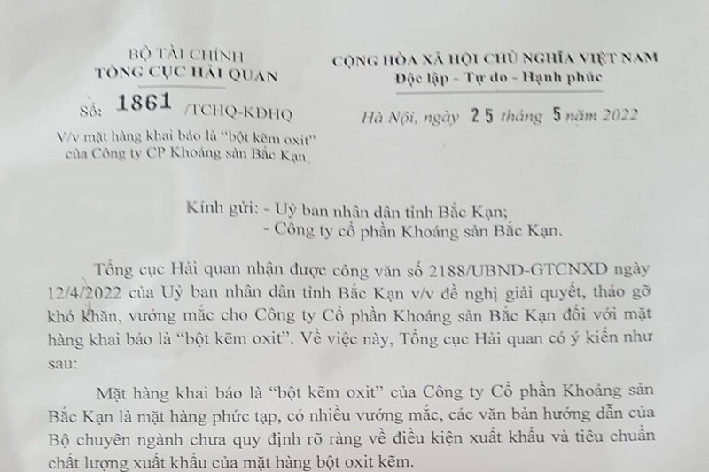 văn bản số 1861/TCHQ-KĐHQ của Tổng cục Hải quan gửi UBND tỉnh Bắc Kạn và doanh nghiệp