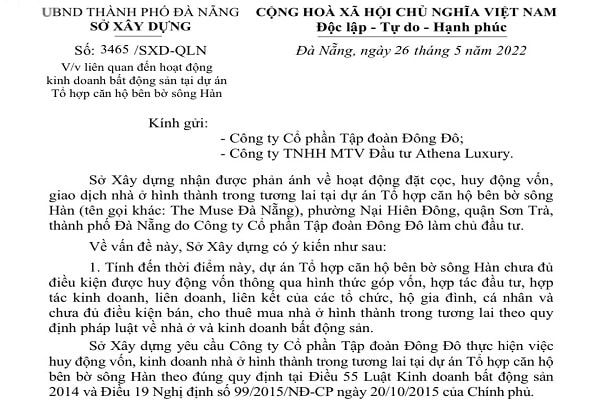 Sở Xây dựng Đà Nẵng vừa có văn bản liên quan đến hoạt động kinh doanh bất động sản tại dự án Tổ hợp căn hộ bên bờ sông Hàn - The Muse Đà Nẵng. 