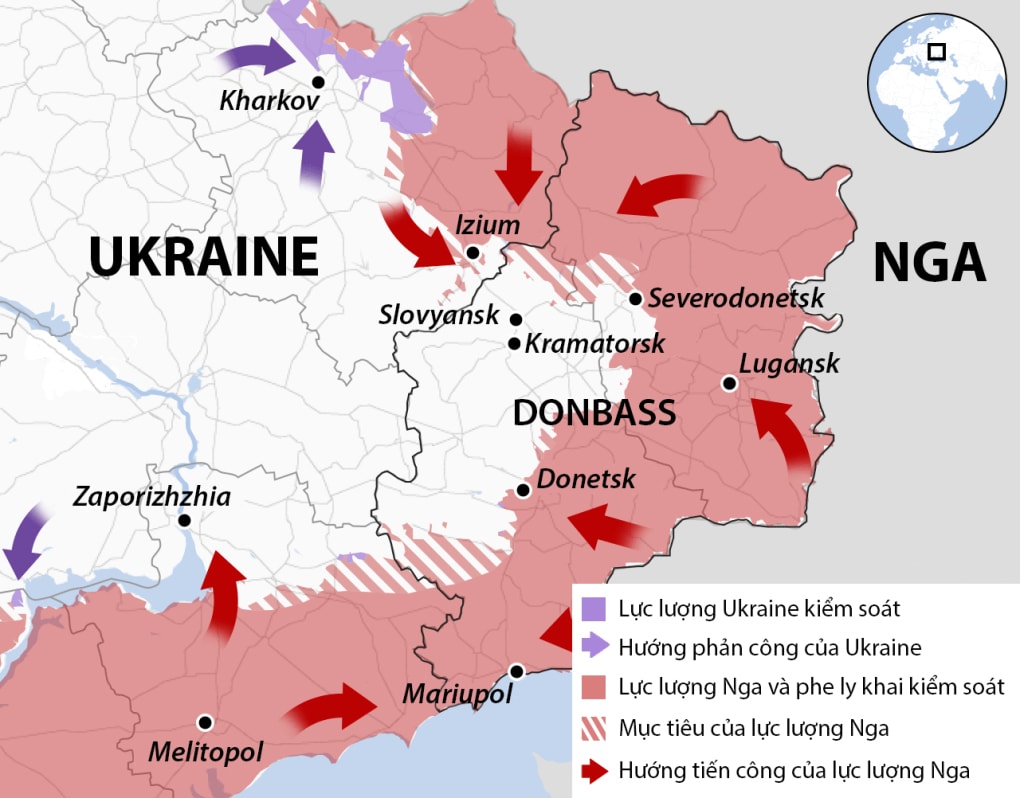 Nga hiện đã kiểm soát phần lớn thành phố Severodonetsk ở miền Đông Ukraine (Đồ họa: BBC).