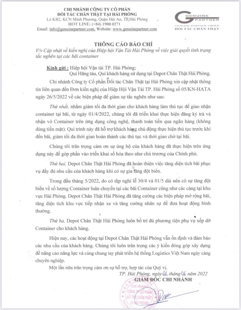 Thông cáo BC về việc cập nhập kiến nghị của Hiệp hội Vận tải Hải Phòng về vệc giải quyết tình trạng tắc nghẽn tại các bãi container của CN Công ty CP Đối tác Chân thật tại Hải Phòng