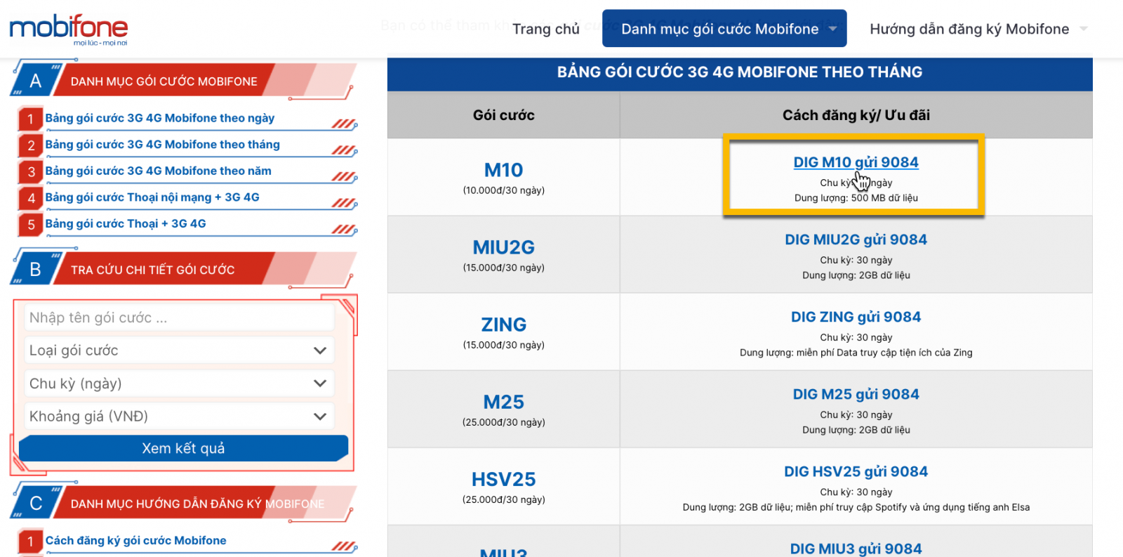 Cú pháp đăng ký (vùng khoanh vàng) được thể hiện trên Website gói cước Mobifone tại Thegioigoicuoc.com