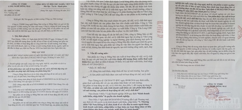 Công văn của Công ty TNHH Làng nghề Đông Mai gửi Bộ Tài nguyên và Môi trường về việc vướng mắc sản phầm chì tái chế