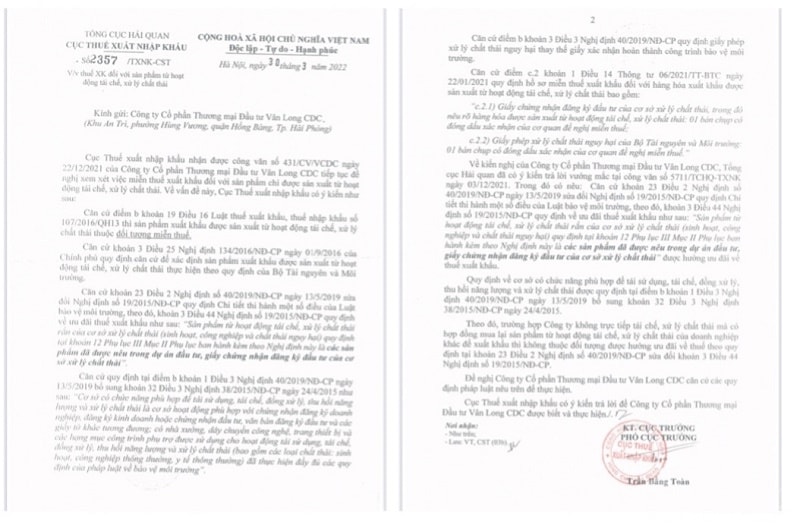 Công văn Tổng cục Hải quan - Cục Thuế xuất ngập khẩup/trả lời Công ty CP Thương mai Đầu tư Vân Long CDC