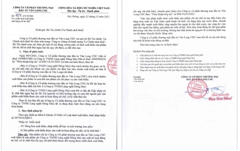 Công văn của Công ty CP Thương mại Đầu tư Vân Long CDC gửi Bộ Tài chính ( Vụ Chính sách thuế) về việc miễn thuế xuất nhập khẩu mặt hàng chí tái chế