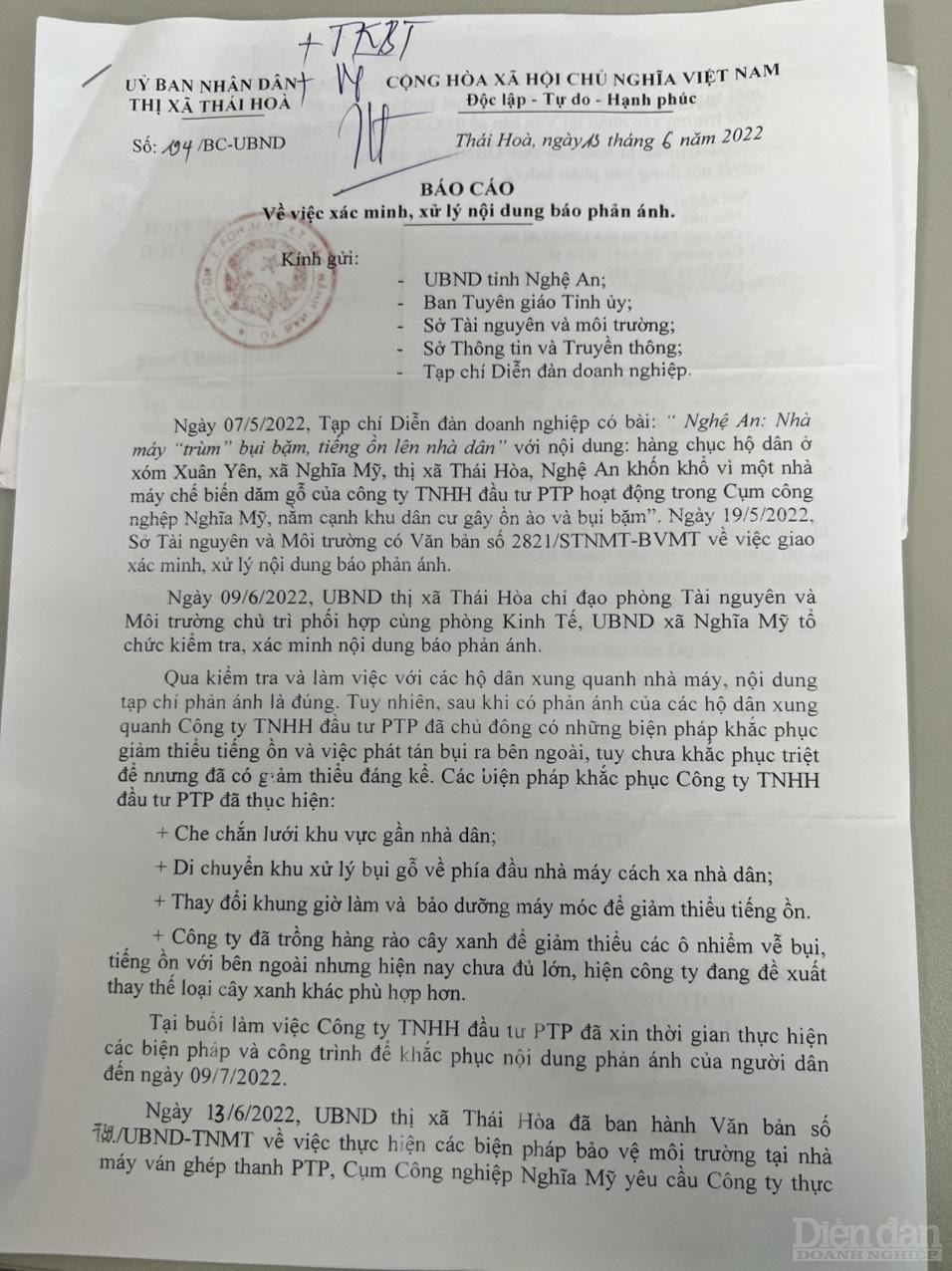 Sau khi có phản ánh của báo chí về tình trạng ô nhiễm môi trường, UBND Thị xã Thái Hoà đã chỉ đạo các cơ quan chức năng vào cuộc, làm rõ nguyên nhân, giải pháp khắc phục