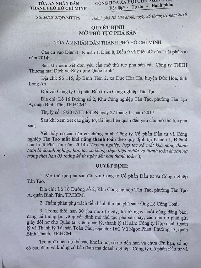 Toà án nhân dân TP. HCM đã có Quyết định Mở thủ tục phá sản đối với Công ty Tân Tạo 