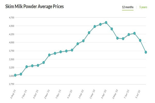 Giá sữa bột gầy có xu hướng giảm sau khi tạo đỉnh từ tháng 4/2022. Ảnh: Global Dairy Trade.