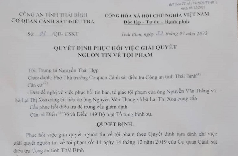 Quyết định phục hồi giải quyết nguồn tin về tội phạm của Cơ quan Cảnh sát điều tra - Công an tỉnh Thái Bình.