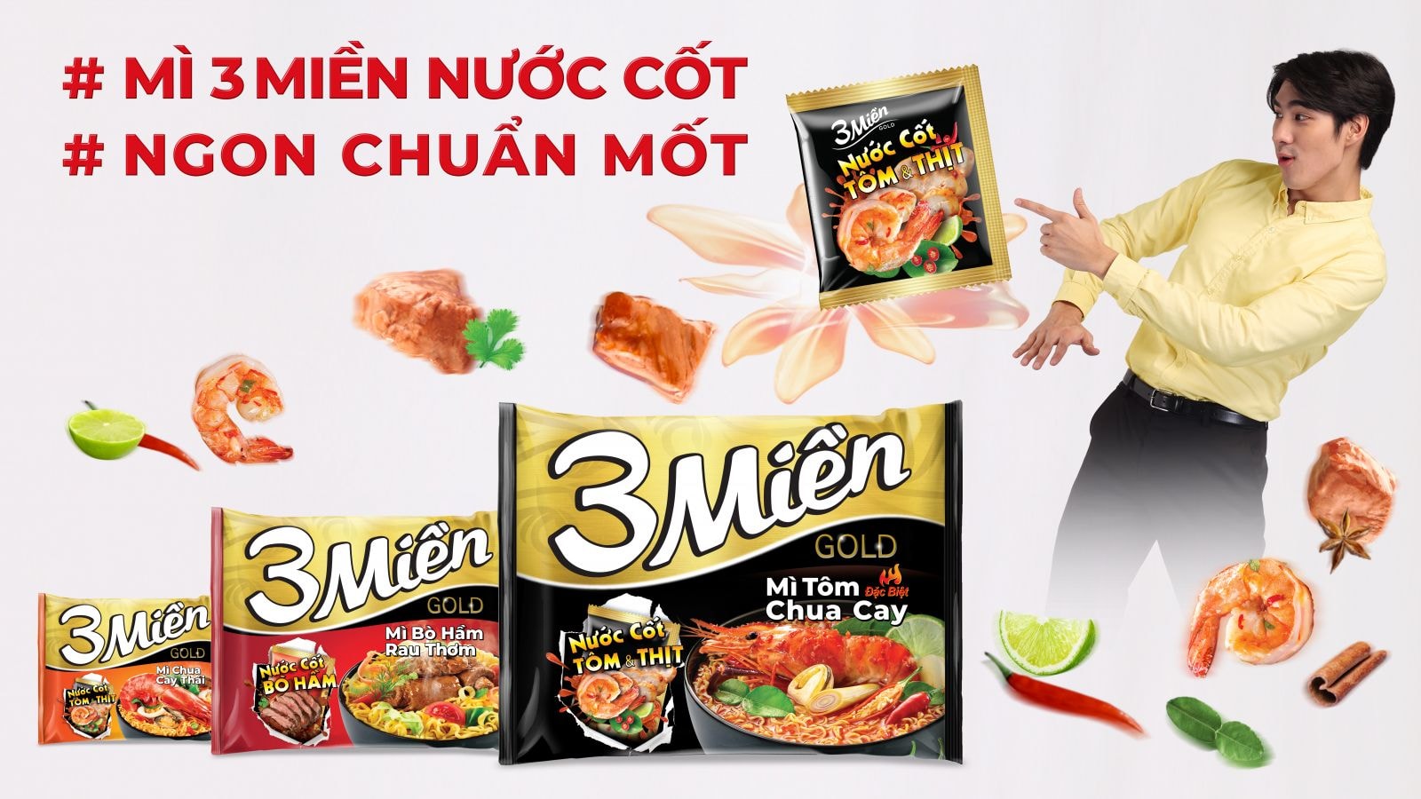 Mì 3 Miền cao cấp hóa sản phẩm với gói nước cốt chuẩn mốt.