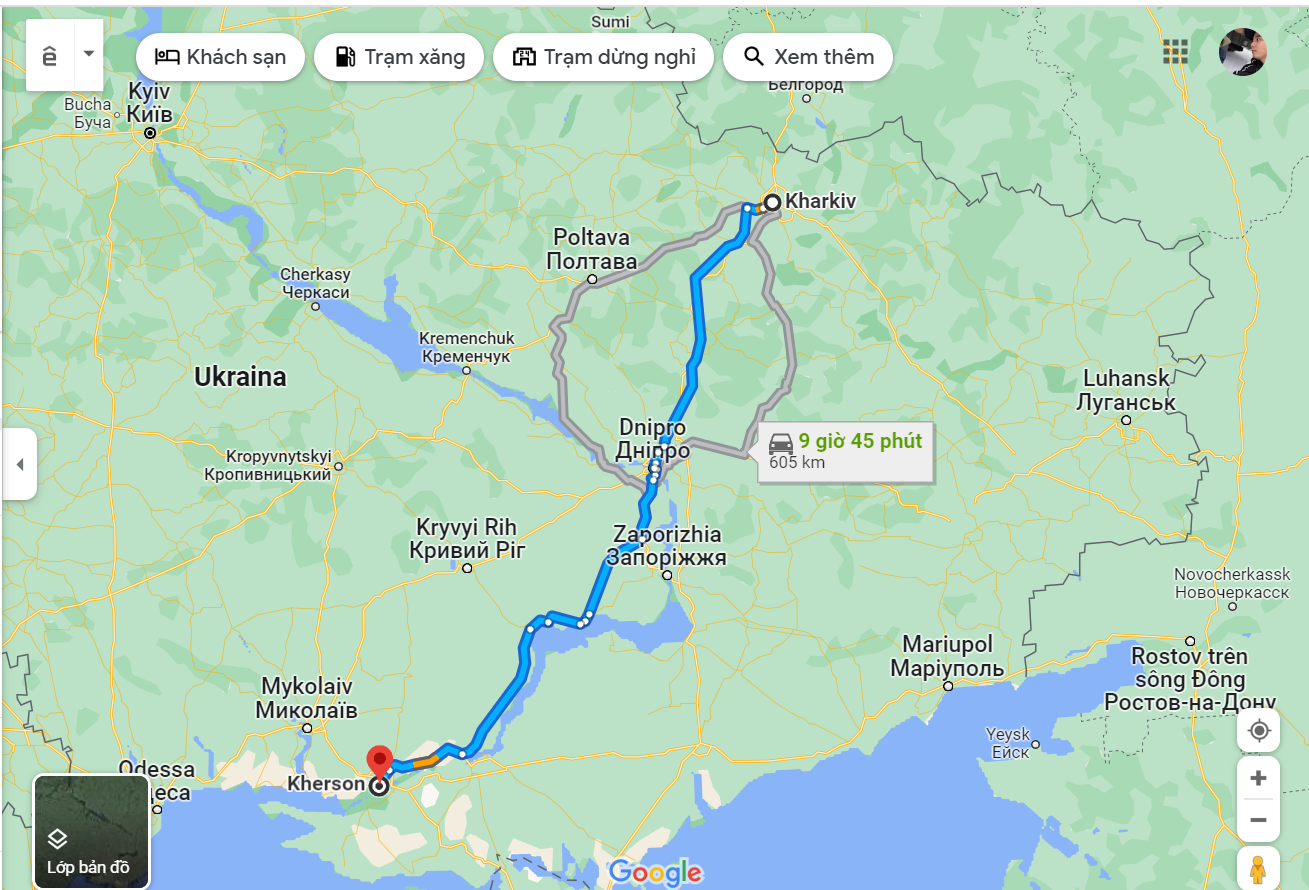 Ukraine được cho sẽ tấn công cùng lúc ở Kherson và Kharkiv cách nhau 546km (Ảnh: Google Map)