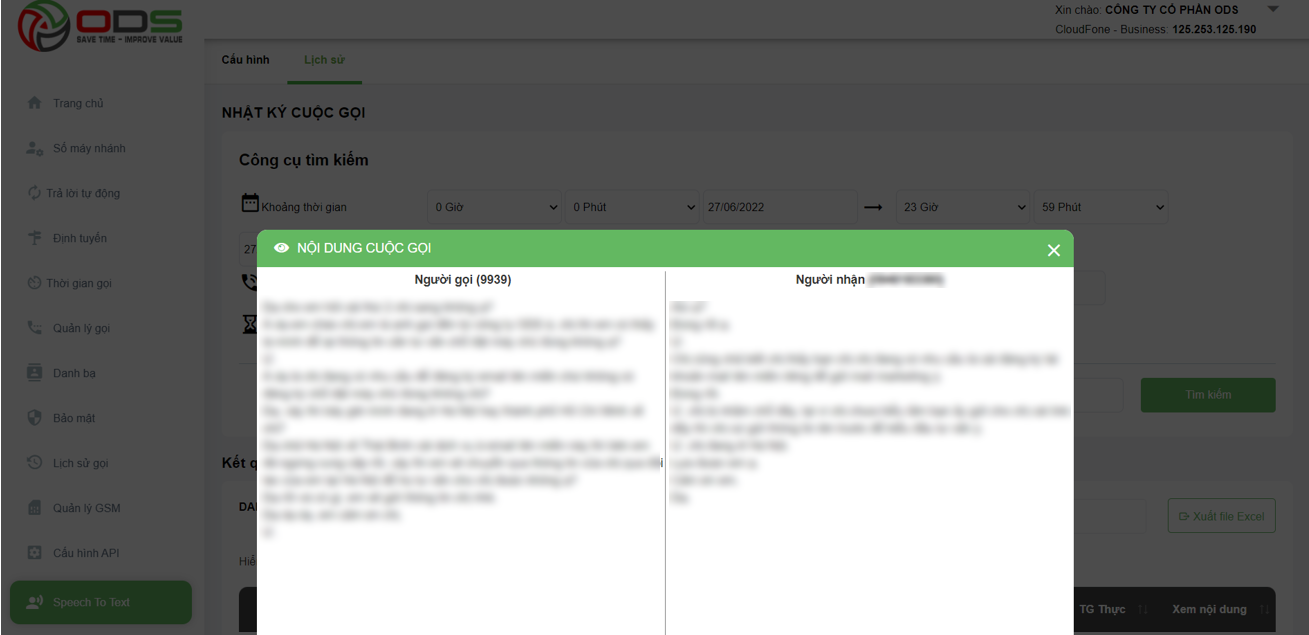 Giao diện văn bản hội thoại giữa người gọi và người nhận (nội dung được làm mờ vì lý do bảo mật thông tin)