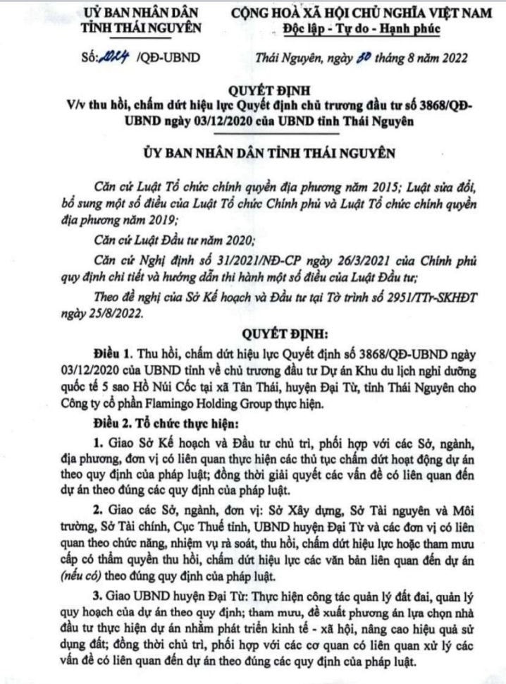 Quyết định Thu hồi, chấm dứt hiệu lực Quyết định chủ trương đầu tư số 3868/QĐ-UBND ngày 03/12/2020 của UBND Tỉnh về chủ trương đầu tư Dự án Khu du lịch nghỉ dưỡng quốc tế 5 sao Hồ Núi Cốc