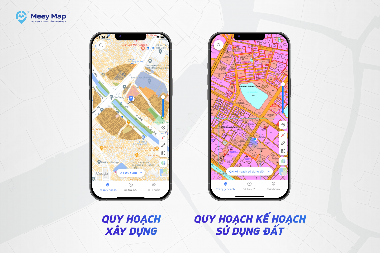 Giao diện quy hoạch xây dựng và quy hoạch kế hoạch sử dụng đất hiển thị trên Meey Map app