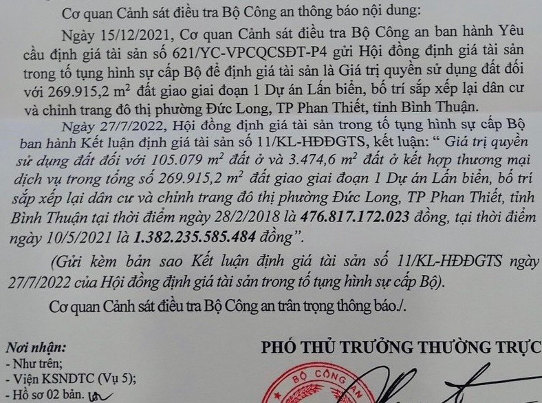 Thông báo của Cơ quan CSĐT - Bộ Công an về kết quả định giá tài sản về một số dự án bất động sản thuộc diện đang bị thụ lý, điều tra.