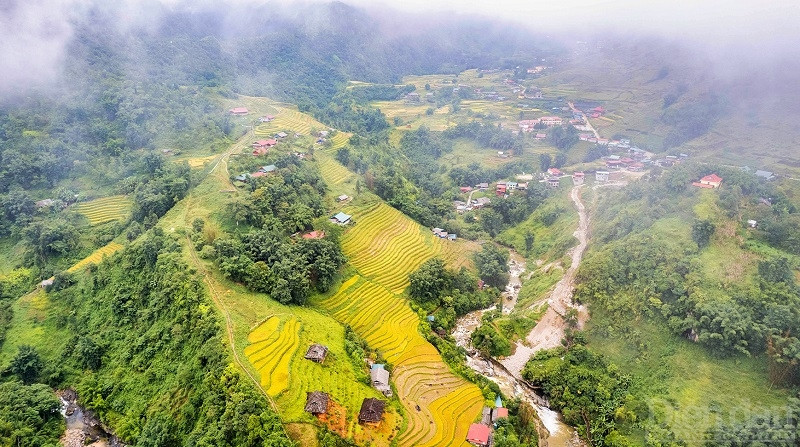 Trong cái nắng vàng như rót mật, những thửa ruộng bậc thang cao vút tầng mây càng lóng lánh, tựa như những dải lụa mềm mại trải tới tận chân trời (Ảnh: Xuân Thuỷ)