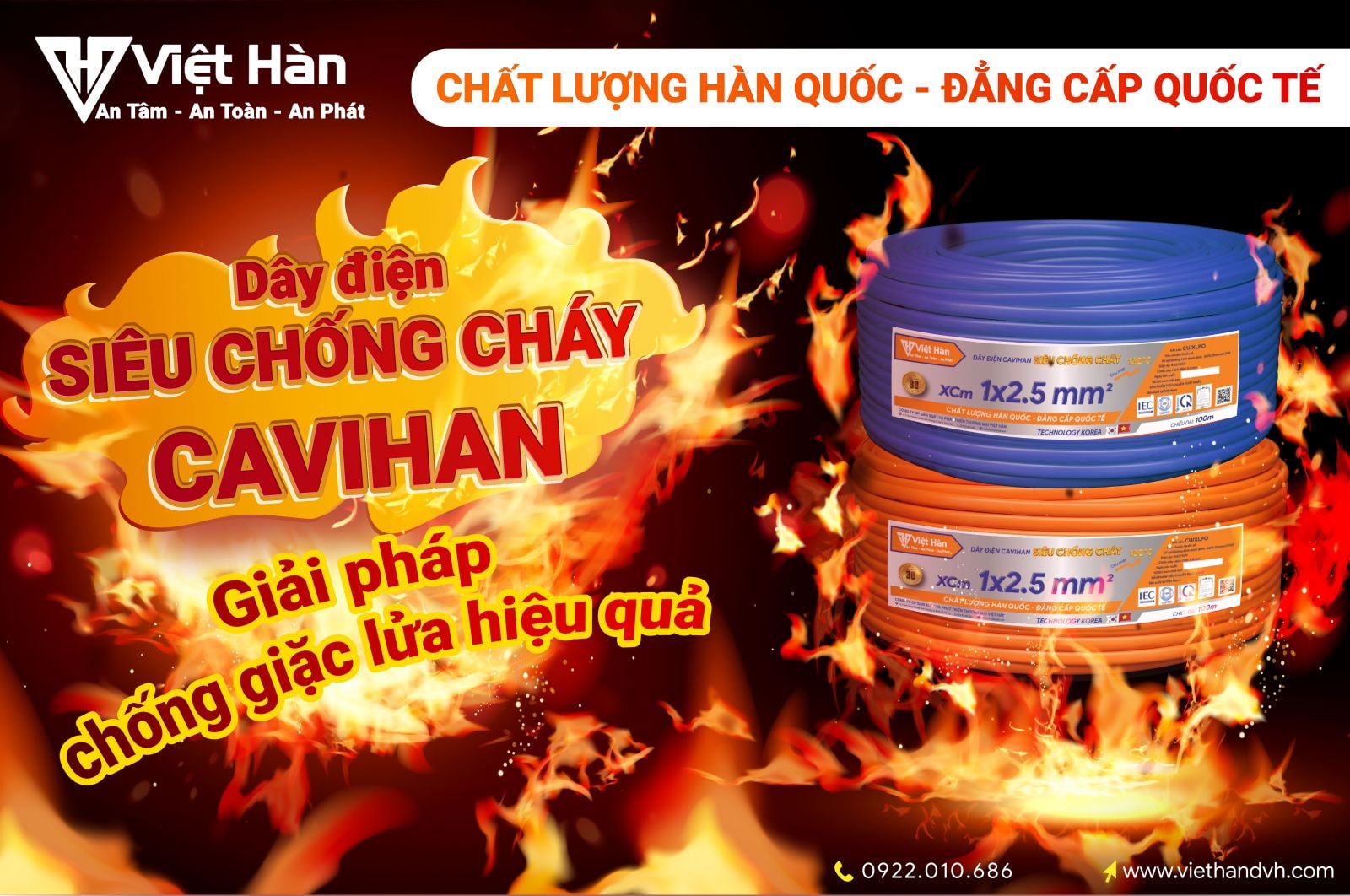 Việt Hàn sản xuất dây điện Cavihan chống cháy với vỏ nhựa XLPO chuyên dụng.