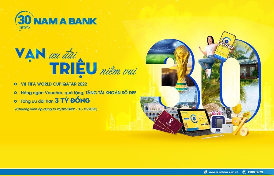 Nam A Bank triển khai hàng loạt ưu đãi và quà tặng hấp dẫn nhân dịp kỷ niệm 30 năm thành lập.