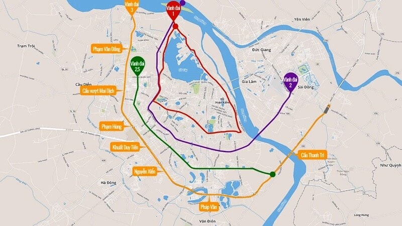 Toàn tuyến vành đai 3 (đường màu vàng) dài khoảng 65 km, đi qua các quận và huyện Đông Anh, Bắc Từ Liêm, Nam Từ Liêm, Cầu Giấy, Thanh Xuân, Hoàng Mai, Long Biên, Gia Lâm của TP Hà Nội