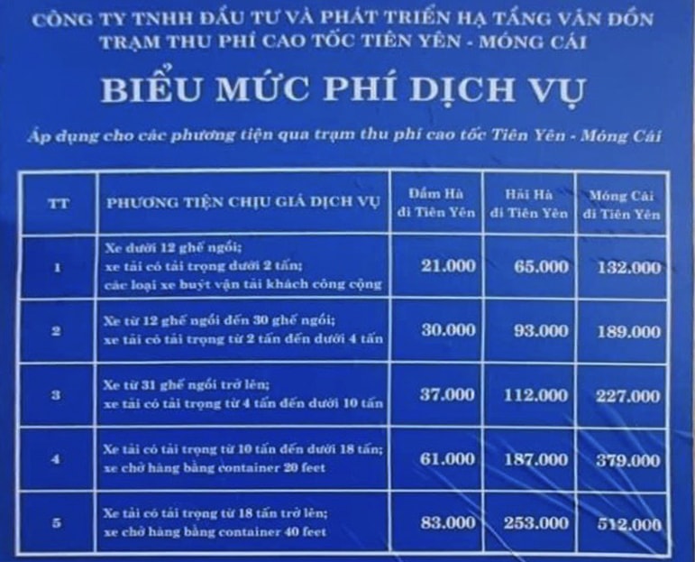 Bảng giá phí dịch vụ cao tốc Tiên Yên - Móng Cái.