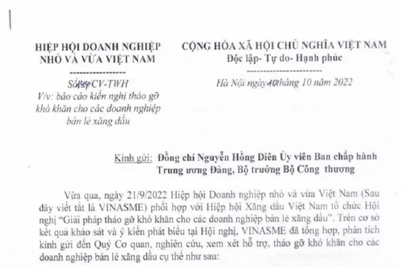 VINASME) vừa có văn bản gửi Bộ trưởng Bộ Công Thương - Nguyễn Hồng Diên đề nghị tổ chức hội nghị tháo gỡ khó khăn cho các doanh nghiệp bán lẻ xăng dầu