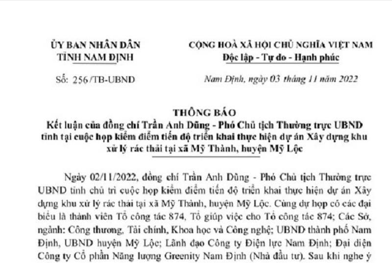 UBND tỉnh ban hành Thông báo số 256/TB-UBND trong đó chỉ đạo, Sở Kế hoạch và Đầu tư chủ trì, phối hợp với các Sở: Xây dựng, Tài nguyên và Môi trường, Tài chính, Khoa học và Công nghệ, Công Thương, Tư pháp, UBND thành phố Nam Định, UBND huyện Mỹ Lộc và các cơ quan, đơn vị có liên quan căn cứ chức năng, nhiệm vụ được giao: Làm việc với nhà đầu tư để thống nhất lộ trình, tiến độ thực hiện các thủ tục đầu tư, đảm bảo điều kiện khởi công dự án; hướng dẫn, hỗ trợ nhà đầu tư hoàn thiện hồ sơ, thủ tục liên quan theo đúng quy định.