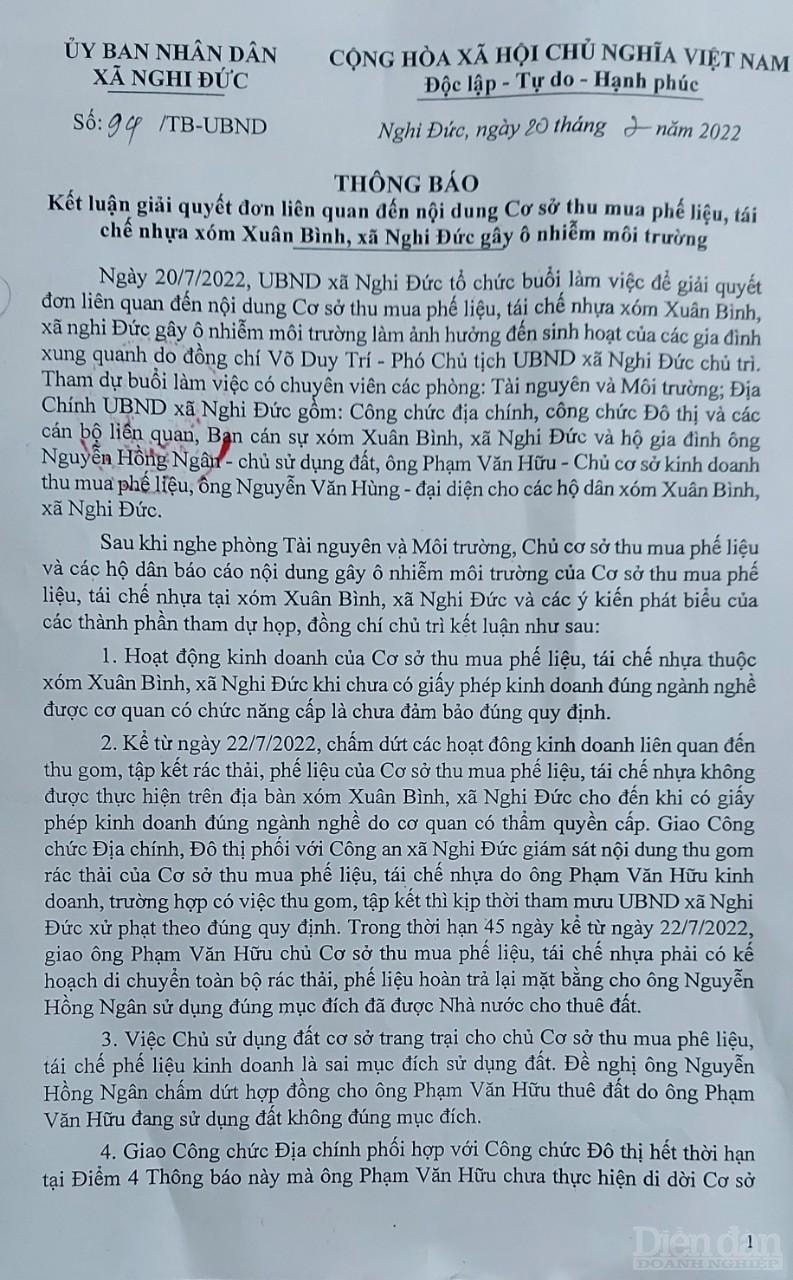 Trước đó, vào ngày 20/7/2022, UBND xã Nghi Đức đã tổ chức buổi làm việc để giải quyết đơn thư liên quan đến nội dung cơ sở thu mua phế liệu, tái chế nhựa xóm Xuân Bình, xã Nghi Đức gây ô nhiễm môi trường làm ảnh hưởng đến sinh hoạt của các gia đình xung quanh.