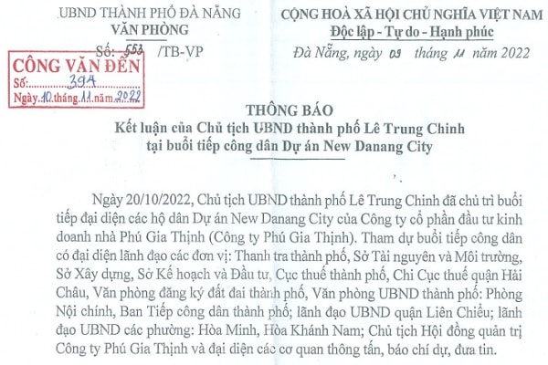 Thông báo số 553/TB-VP thông báo kết luận của Chủ tịch UBND thành phố Lê Trung Chinh tại buổi tiếp công dân Dự án New Danang City